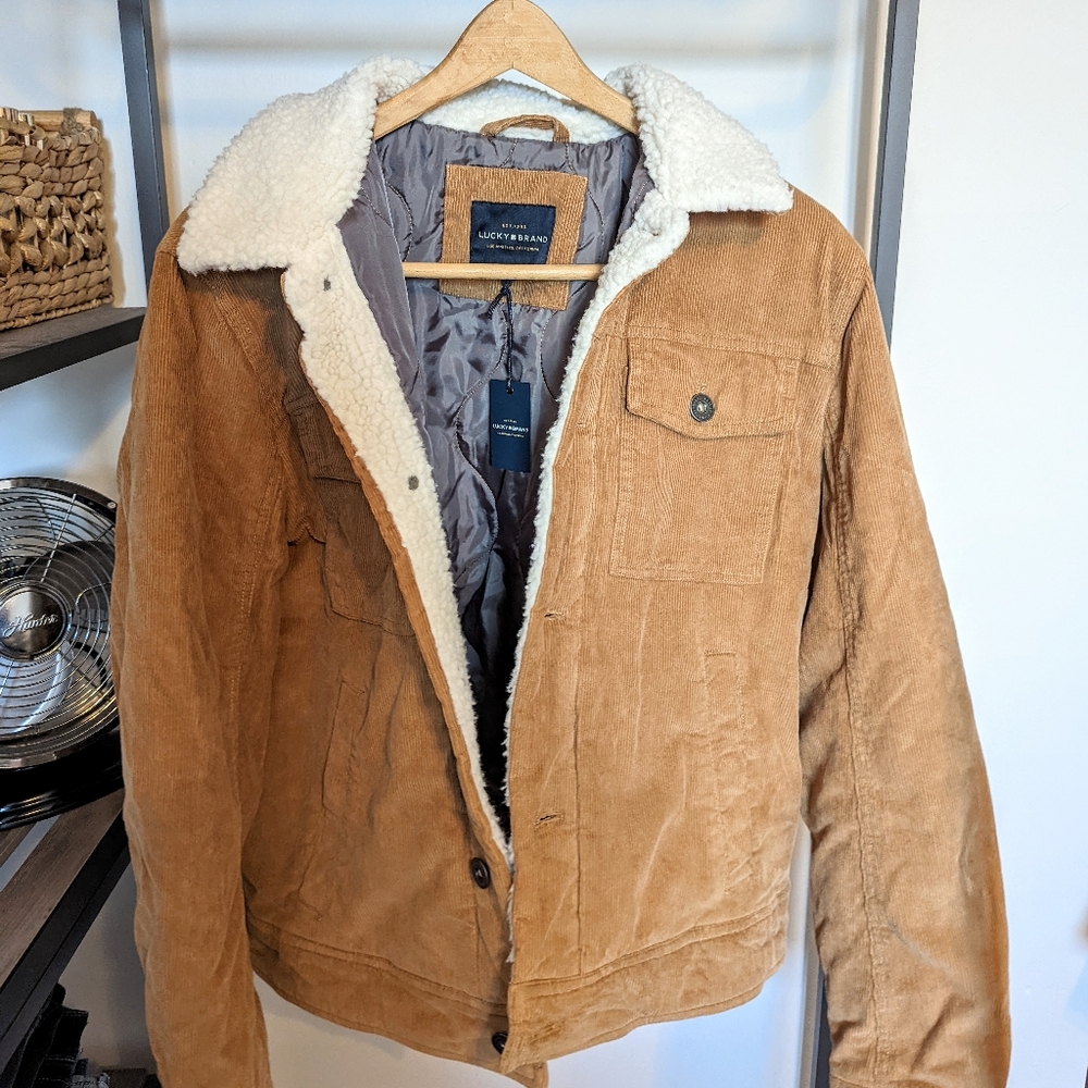 Lucky Brand Men's Sherpa Lined Corduroy Trucker Jacket, Tan, Honey, NWT, Medium